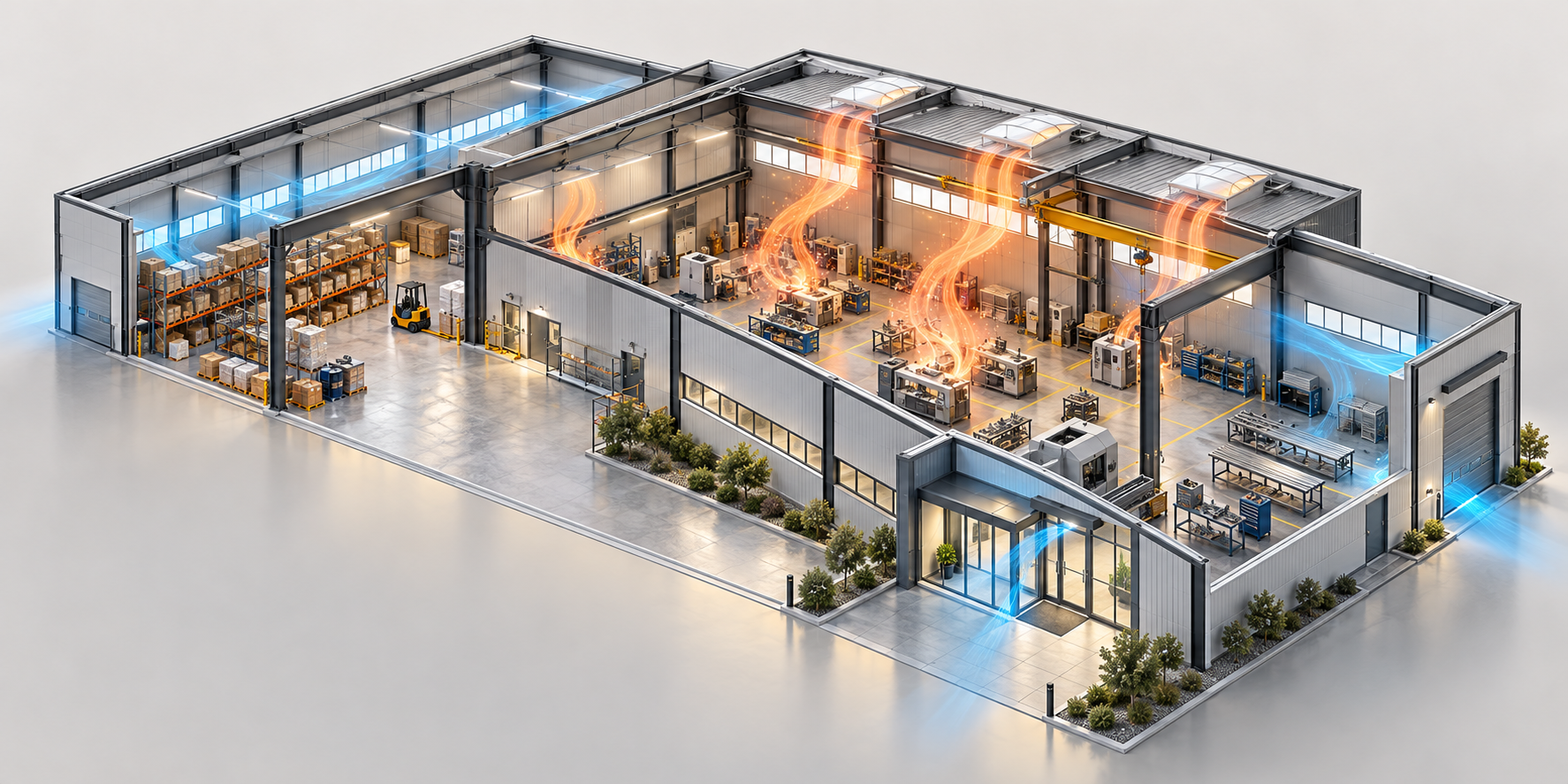 Vue 3D en coupe d'un atelier industriel : les flux chauds sont orange et les zones plus fraîches sont bleues.
